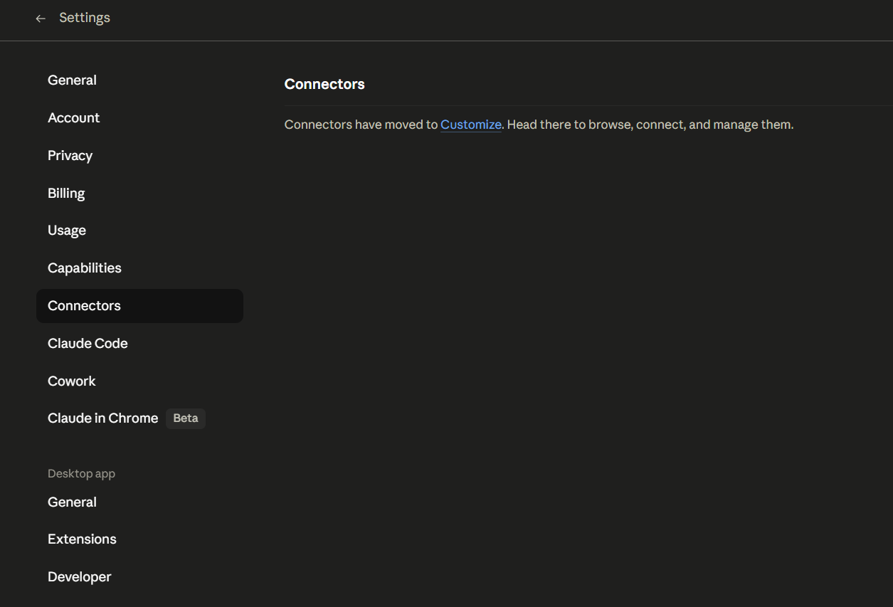 Claude Desktop Settings — Connectors pointing to Customize