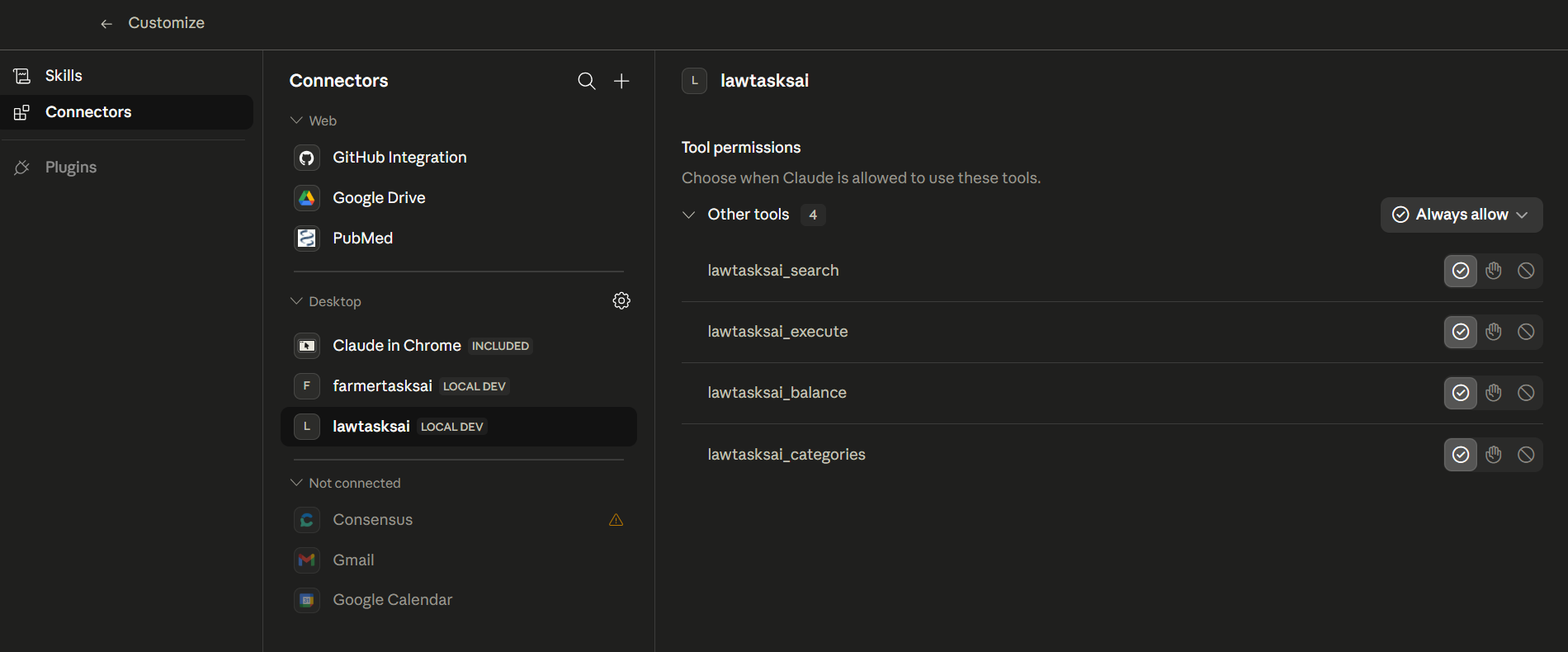 Claude Desktop — MarketingTasksAI tools set to Always Allow